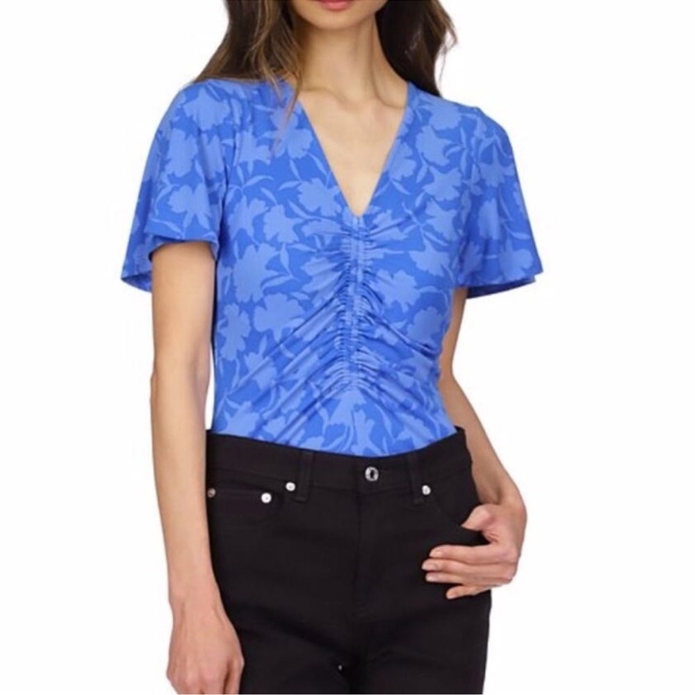 Michael Kors Grecian Blue Floral Printed Ruched VNeck Flutter Sleeve Top Reemoly
